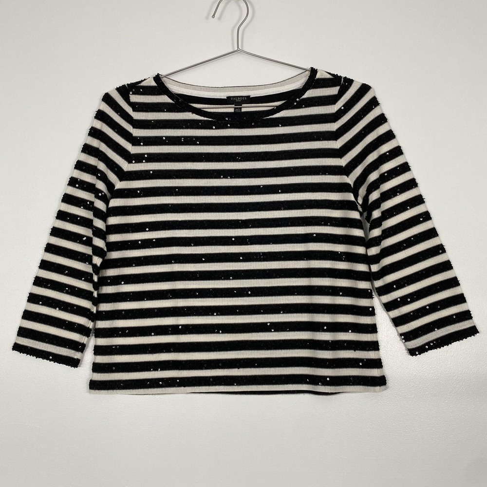 Talbots Sweater Womens Medium Petite‎ Black Sequin Crewneck 3/4 Sleeve Pullover